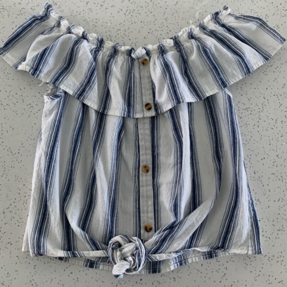 White and Blue Off the Shoulder Blouse